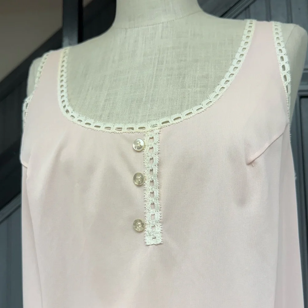 Vintage Blush Pink Sheer Slip Dress Lace Trim Sleeveless Size Large Babydoll